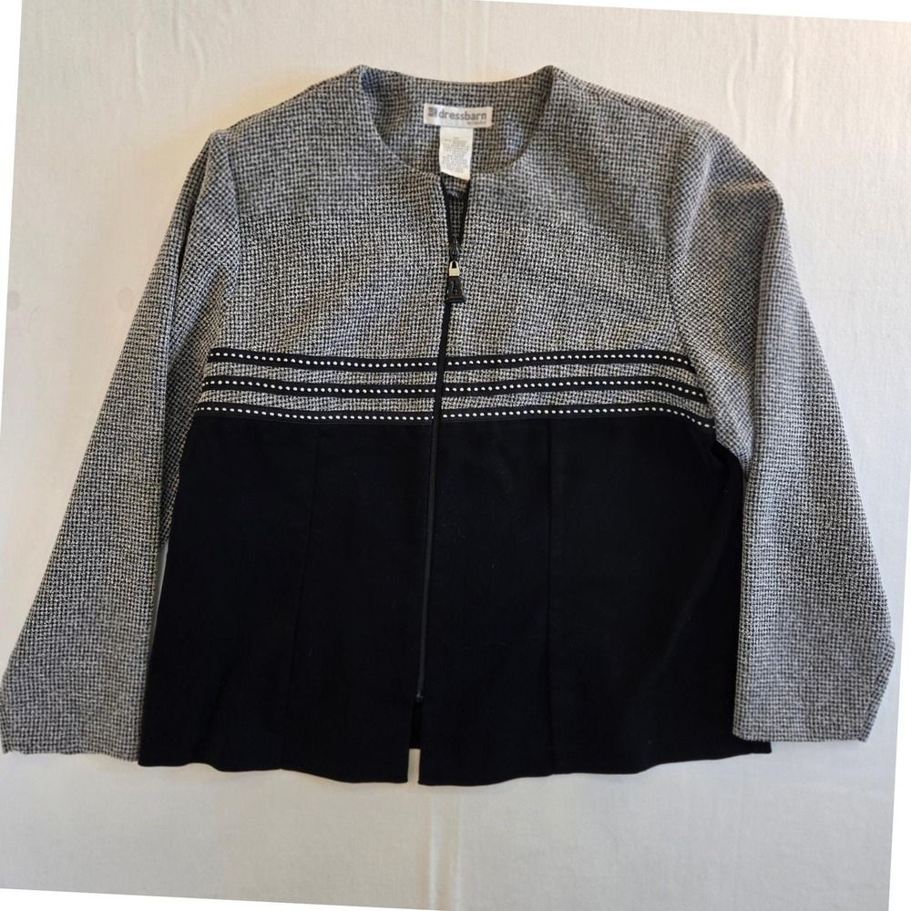 Dressbarn Woman 16W Black White Houndstooth Zipper Blazer Collarless Jacket - Picture 3 of 8
